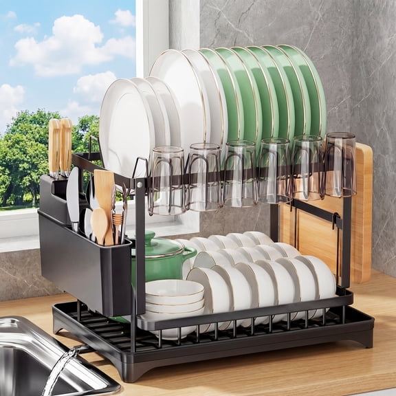 2-Tier Stainless Steel Dish Drying Rack, Dish Rack with Auto Drainage System, Utensil Cups Holders and Cutting Board Holder