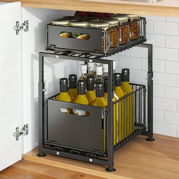 2-Tier Carbon Steel Under Sink Organizer, Pull Out Cabinet Drawer for Kitchen Pantry Storage