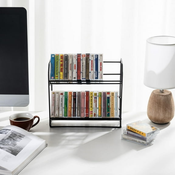 2 Tier Cassette Tape Storage Rack, Classic Industrial Matte Black Metal Wire Holder for Display and Organization