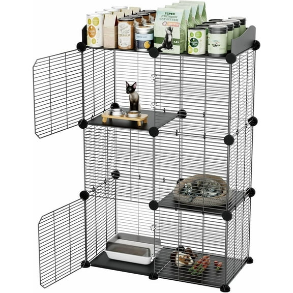 2 Tier Cat Cage Indoor, Big Wire Cat Cage Kennels Enclosures DIY Playpen Crates, Pet Pen C&C Cage for 1-2 Cats Kittens