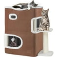 thumbnail image 1 of 2-Tier Cat House, Indoor Cat Cave Bed Playhouse, Flannel & Cool Mat, Covered Cat Beds with Scratch Pad and Hideaway Cave, Cute Modern Cat Condo Furniture for Multi Small Cats, Brown, 1 of 12