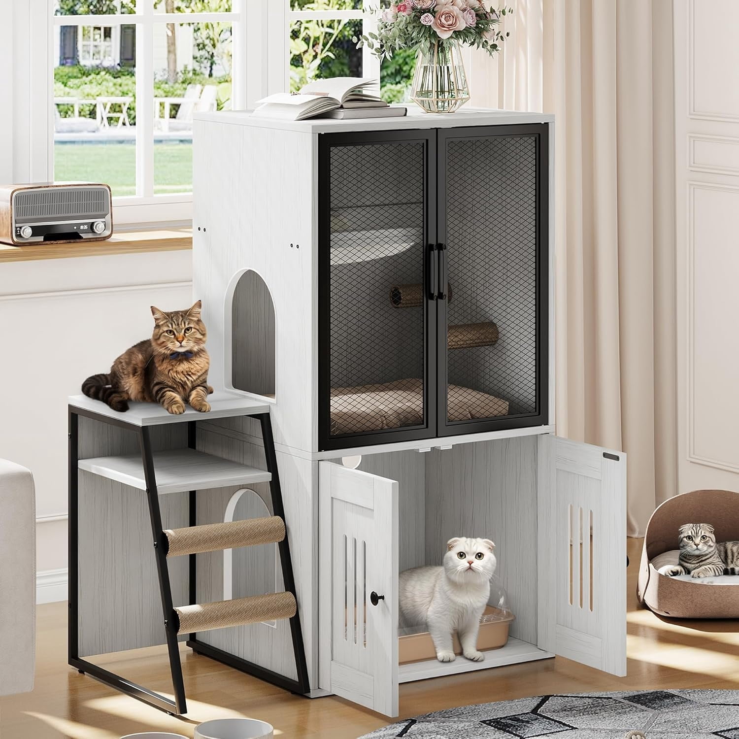 2-Tier Cat Litter Box Furniture - Enclosed Hidden Litter Box Cabinet with Doors, Storage Shelf & Step Ladder - Discrepet Cat Toilet Furniture for Home Decor, Large Size for Multiple Cats