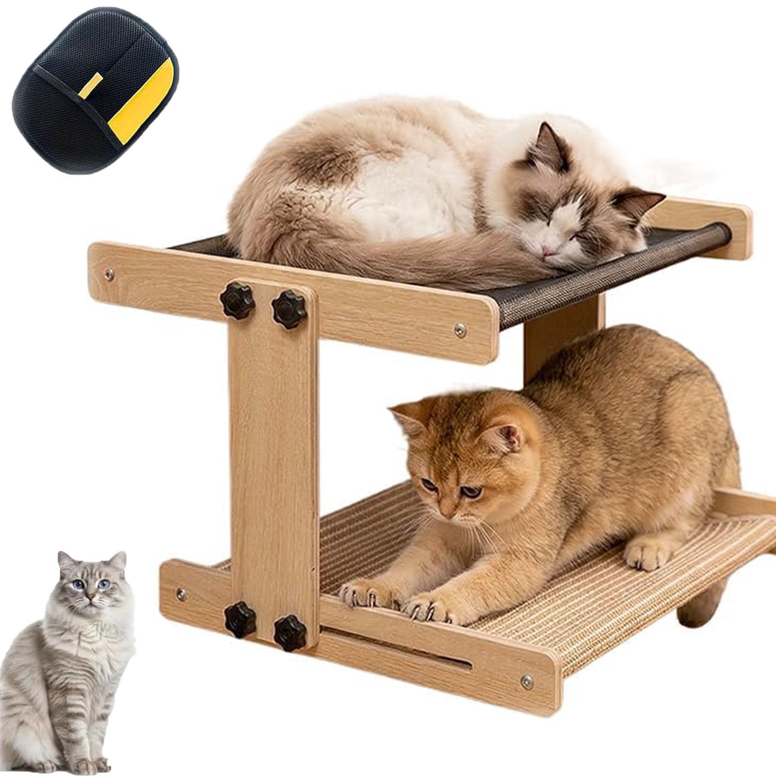 2-Tier Cat Window Perchs, Floating Wooden Hammocks, Elevated Cats Hammocks with Breathable Fabrics & Scratching Board, Sturdy Cats Bed Furniture for Indoor Multis-Cat Households
