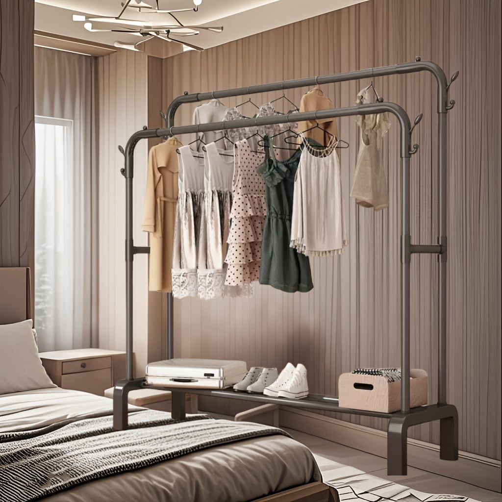 2 Tier Ceiling Top & Floor Metal Closet Organize Garment Rack Black ...