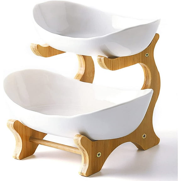 2 Tier Ceramic Fruit Bowl With Bamboo Wood Stand for Kitchen Counter,Porcelain Fruit Basket for Vegetable Storage,Snack Dessert Cake Tray Plate Rack for Party Wedding - White