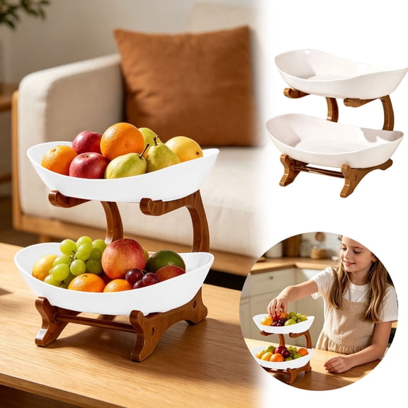 2 Tier Ceramic Fruit Bowl with Bamboo Wood Stand for Kitchen Counter, Porcelain Fruit Basket for Vegetable Storage, Snack Dessert Cake Tray Plate Rack for Party Wedding White