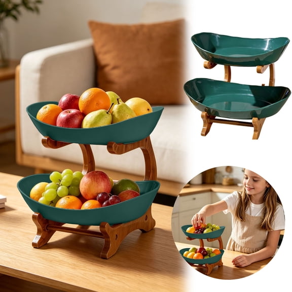 2 Tier Ceramic Fruit Bowl with Bamboo Wood Stand for Kitchen Counter, Porcelain Fruit Basket for Vegetable Storage, Snack Dessert Cake Tray Plate Rack for Party Wedding Green