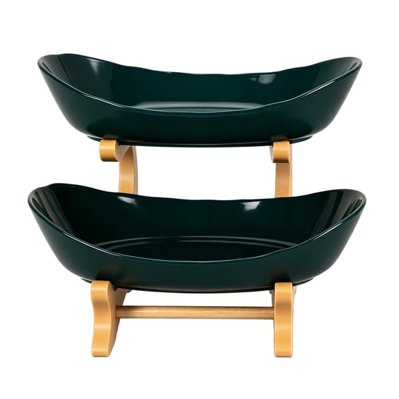 2-Tier Ceramic Fruit Bowl Stand, 8.7" Tall Bamboo Serving Tray for Kitchen Countertop