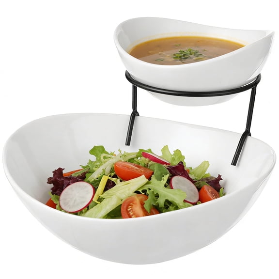 2 Tier Ceramic Serving Bowls, Chip and Dip Serving Set with Metal Stand, Space-Saving Appetizer Food Display Stand, Detachable Fruit Plate for Parties, Weddings, Unique Gift Idea