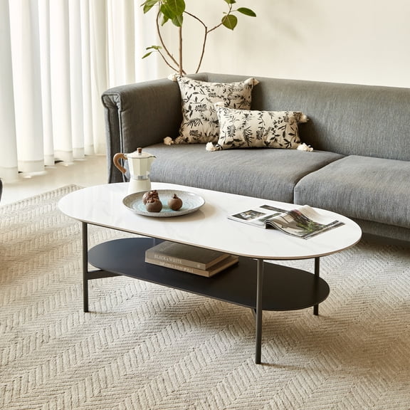 2-Tier Ceramic Top Coffee Table, MDF Painted White & Brown Coffee Table for Living Room