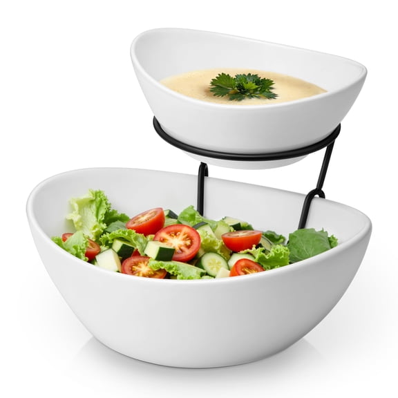 2 Tier Chip and Dip Serving Set with Metal Stand,Ceramic Appetizer Bowls for Party, Multi-Use Food Display for Fruits, Snacks,White Elegant Tiered Serving Dishes for Party