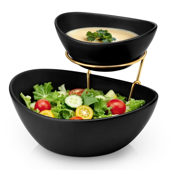2 Tier Chip and Dip Serving Set with Metal Stand,Ceramic Appetizer Bowls for Party, Multi-Use Food Display for Fruits, Snacks,White Elegant Tiered Serving Dishes for Party