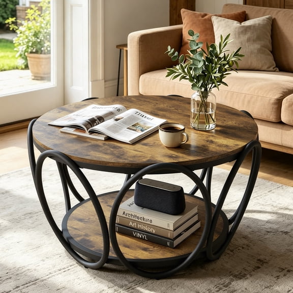 2-Tier Circle Coffee Table for Living Room, 31.5" Mid Century Modern Coffee Table Round Center Table with Storage and Cross Metal Frame for Apartment, Small Space (Brown)