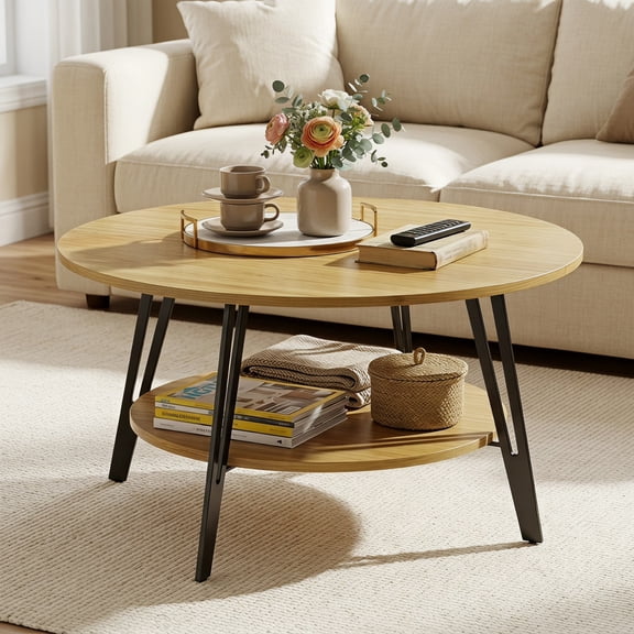 Manxile Round Coffee Table, 2 Tier Coffee Table with Storage for Living Room, Small Space & Apartment, Natural Oak