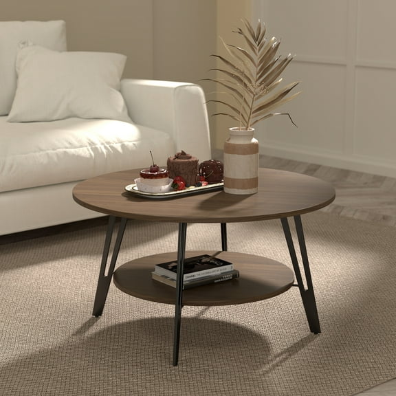 Manxile Round Coffee Table 2-Tier, Vintage Walnut Center Table for Living Room with Storage Shelf