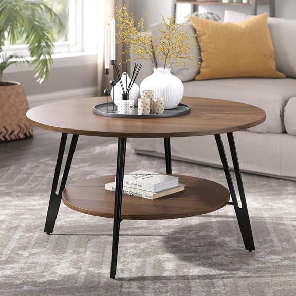 Manxile Mid-Century Modern Coffee Table, 2 Tiers Design, Round Coffee Table for Living Room,Easy to Assemble, Walnut