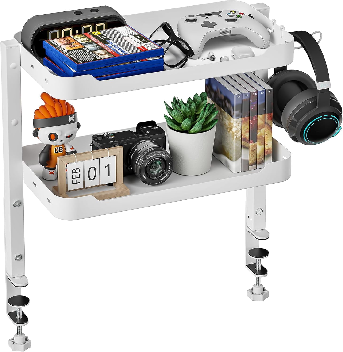 2-Tier Clamp On Desk Shelf, 16 inch Adjustable Above or Under Desk Storage Shelves Holds 66 lbs, Heavy Duty Desktop Organizer with Headphone Holder for Working and Gaming Accessories, Black