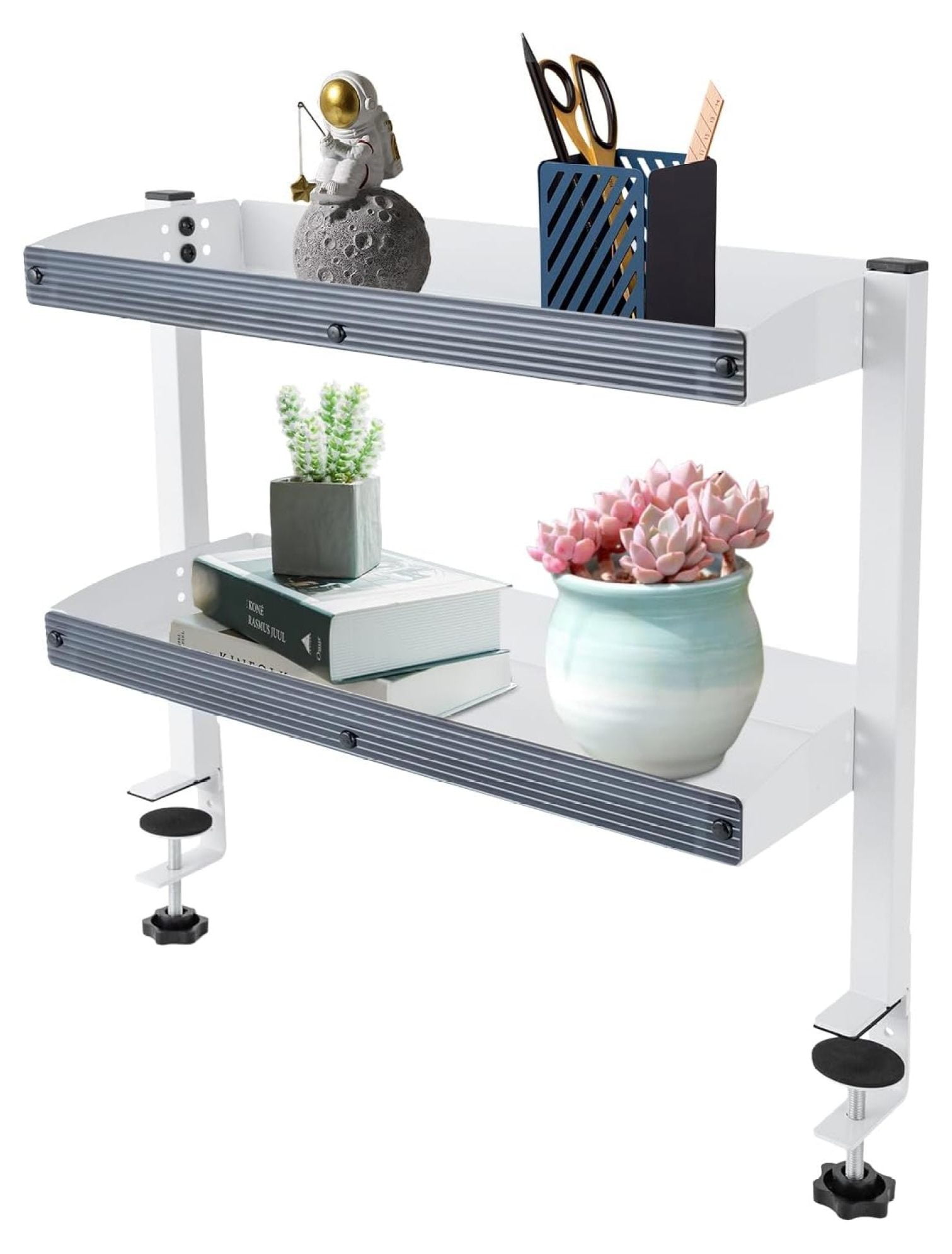 2 Tier Clampon Desk Shelf, Desktop or UnderDesk Shelving Unit Raised
