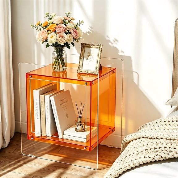 2 Tier Clear Acrylic End Side Table Bedside Table Nightstand Open Storage for Living Room Bedroom, Orange Color