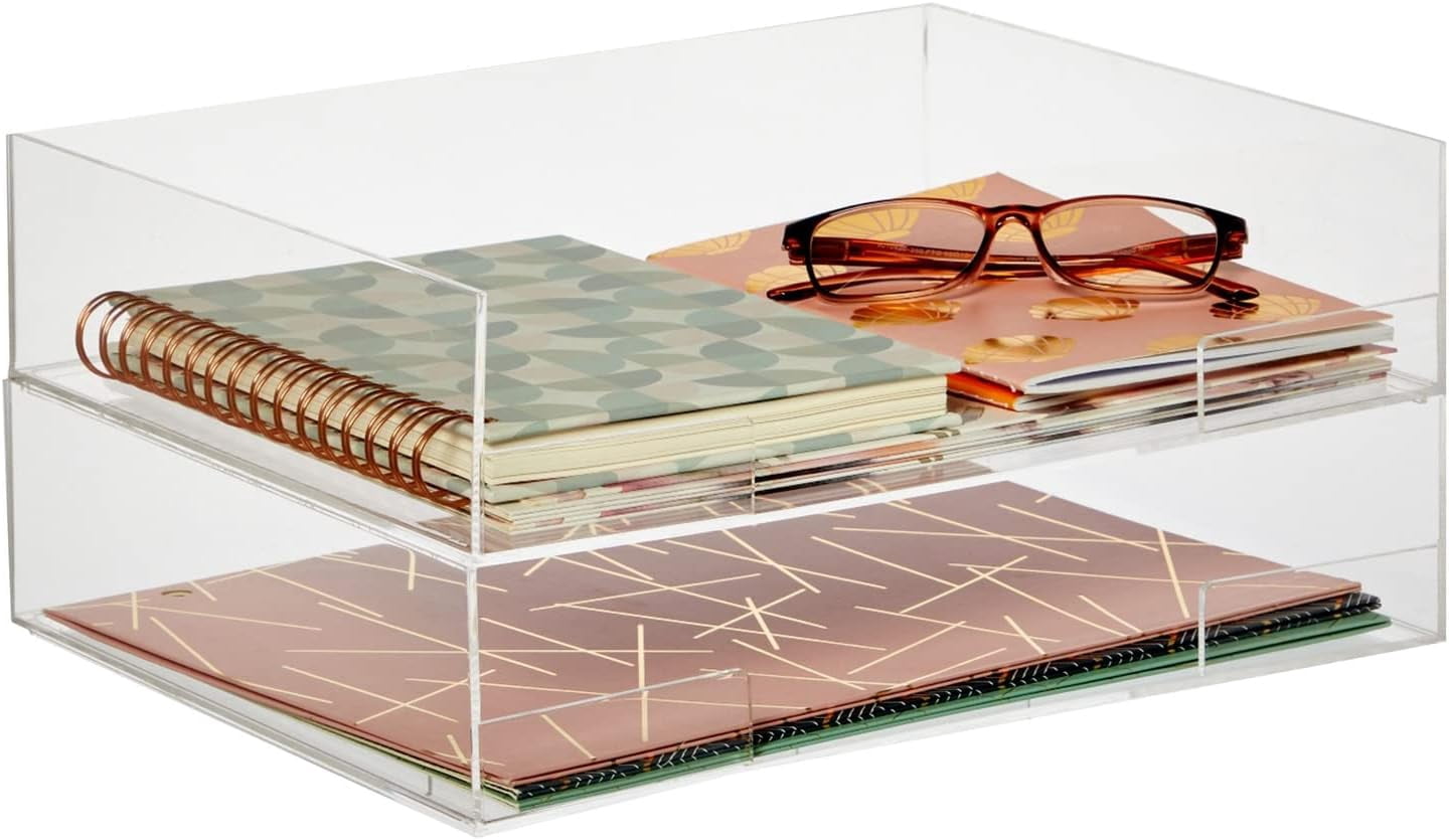 2 Tier Clear Acrylic Paper Tray, Letter and File Organizer for Office Desk Accessories and Documents (13 x 11 x 3 in)