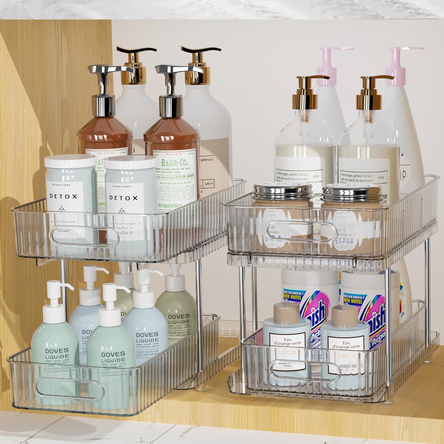 2-Tier Clear Bathroom Under Sink Organizers and Storage, 2 Sets of Pull ...