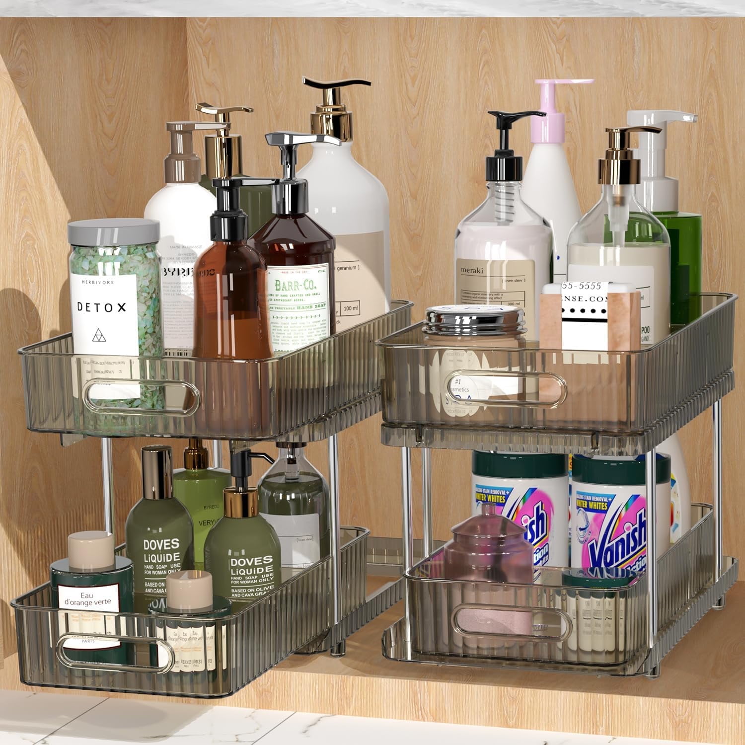 2-Tier Clear Bathroom Under Sink Organizers and Storage, 2 Sets of Pull ...