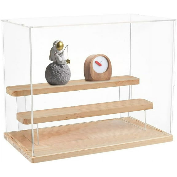 2-Tier Clear Display Case Acrylic Box 12.579.8 Inch Wooden Tiered Organizer Case Dustproof Showcase Countertop Display Case for Crafts Show Storage Collectible Mini Action Figure for DIY Moccasin