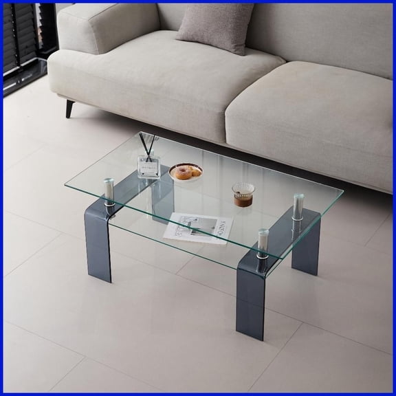 2-Tier Clear Glass Coffee Table for Living Room, Easy-Clean & Space-Saving with Smoke Legs