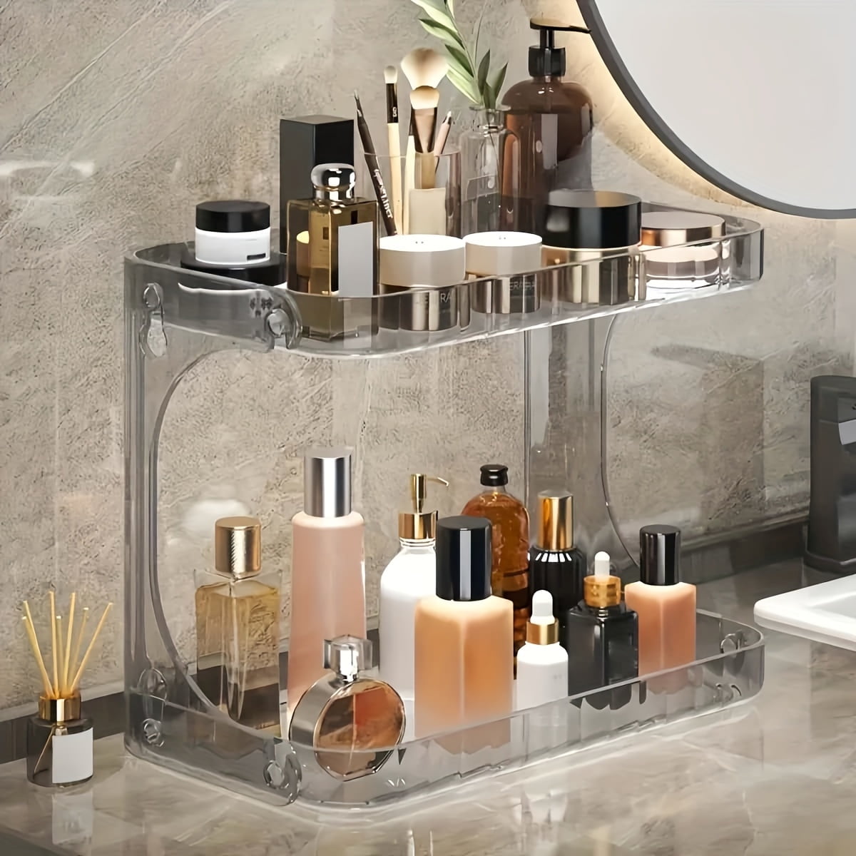2-Tier Clear Makeup Organizer - Durable Plastic Storage Rack for Cosmetics, Skincare & Perfume, Space-Saving for Bathroom & Vanity