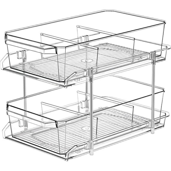 2 Tier Clear Organizer with Dividers for Cabinet, Shlef, Counter - MultiUse Slide-Out Storage Container - Kitchen, Pantry, Medicine Cupboard Bins, Bathroom, Vanity Makeup, Under Sink Organizing