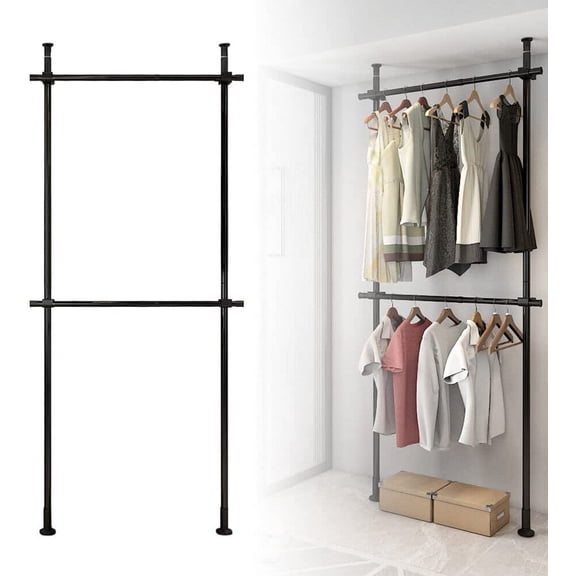 2 Tier Closet Organizer Metal Garment Rack Portable Clothes Hanger Storage Shoes Rack Organizer Black