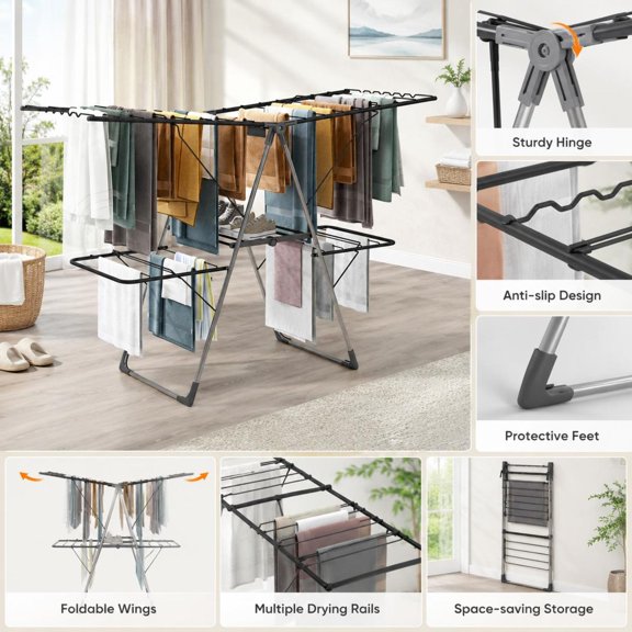 2-Tier Clothes Drying Rack with 33 Drying Rails, 5-Position Height Adjustment, Wave-Shaped Bars