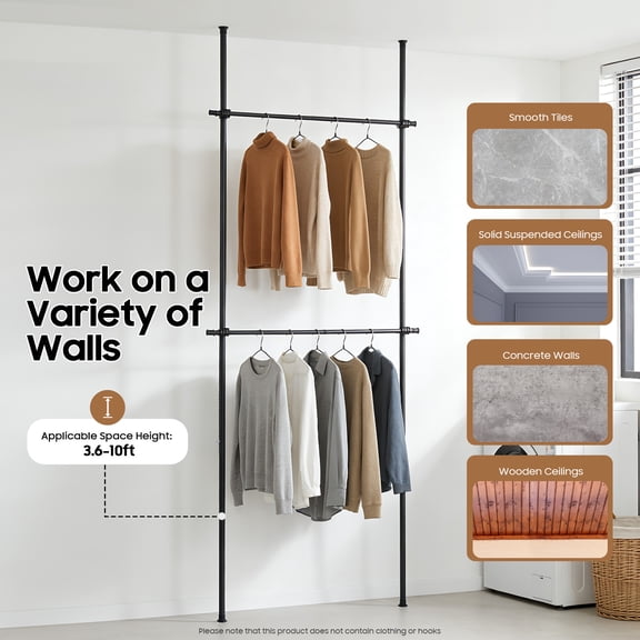 2 Tier Clothes Storage Hanger Organizer Ceiling Top & Floor Metal Closet Garment Rack Clothing Storage Hanging Shelf Stainless Steel Black