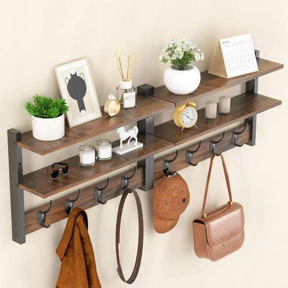 2 Tier Coat Rack Wall Mount with Shelf, 33" Wall Shelf with Hooks, Entryway Key Holder for Wall with 8 Heavy Duty Double Hooks, Coat Hook Wall Mounted for Bedroom, Living Room, Rustic Brown