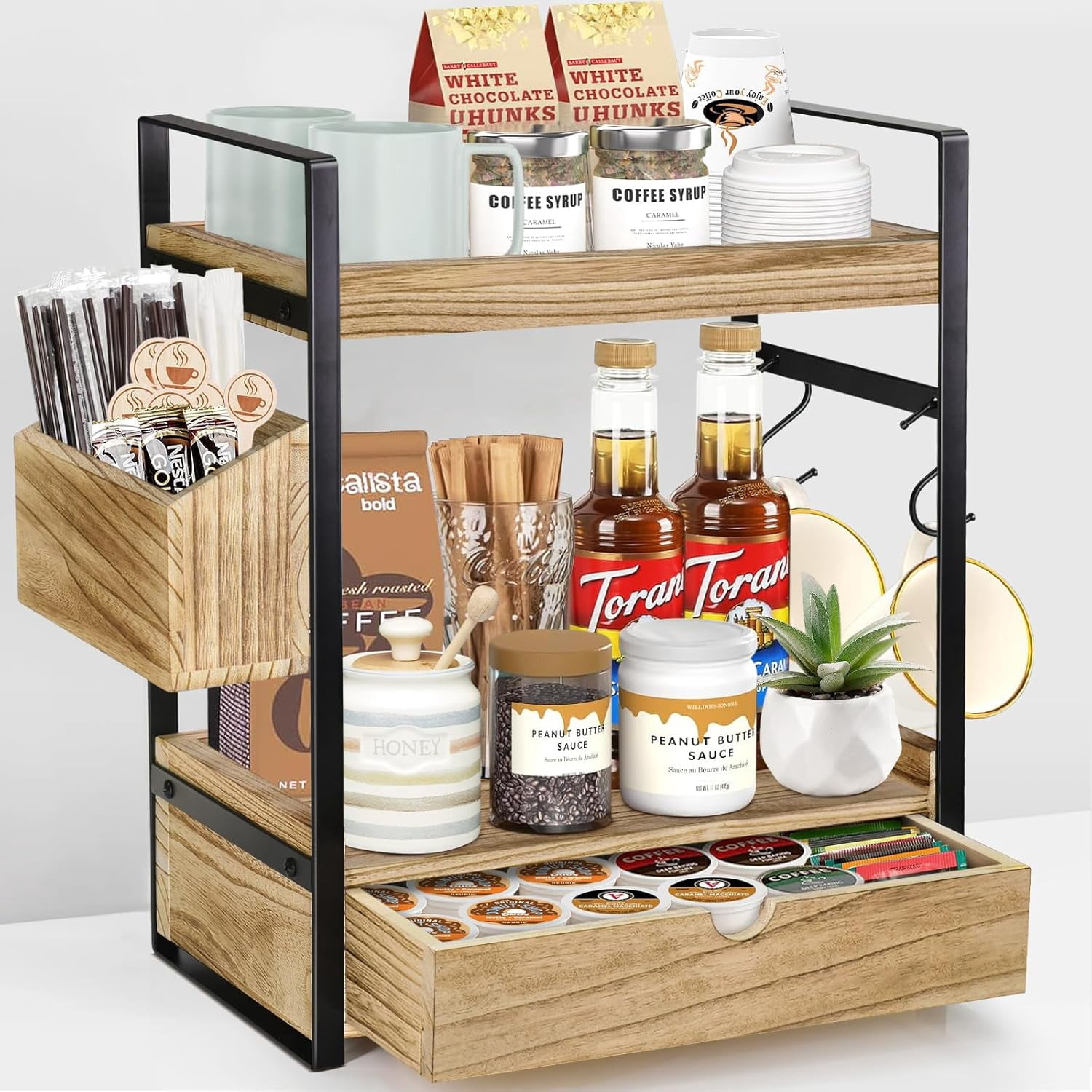 Two Tier Coffee Rack 2 Tier Coffee Bar Accessories and Organizer, Wood Coffee Station ...