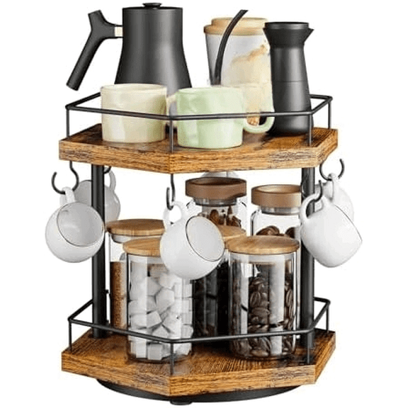 2 Tier Coffee Bar Organizer Countertop Station Shelf for Home Office, Multi-Functional Coffee Mug Cup Holder Stand, Accessory Storage Rack with 6 Hooks, 360 Rotated Coffee Cup Holder for Counter
