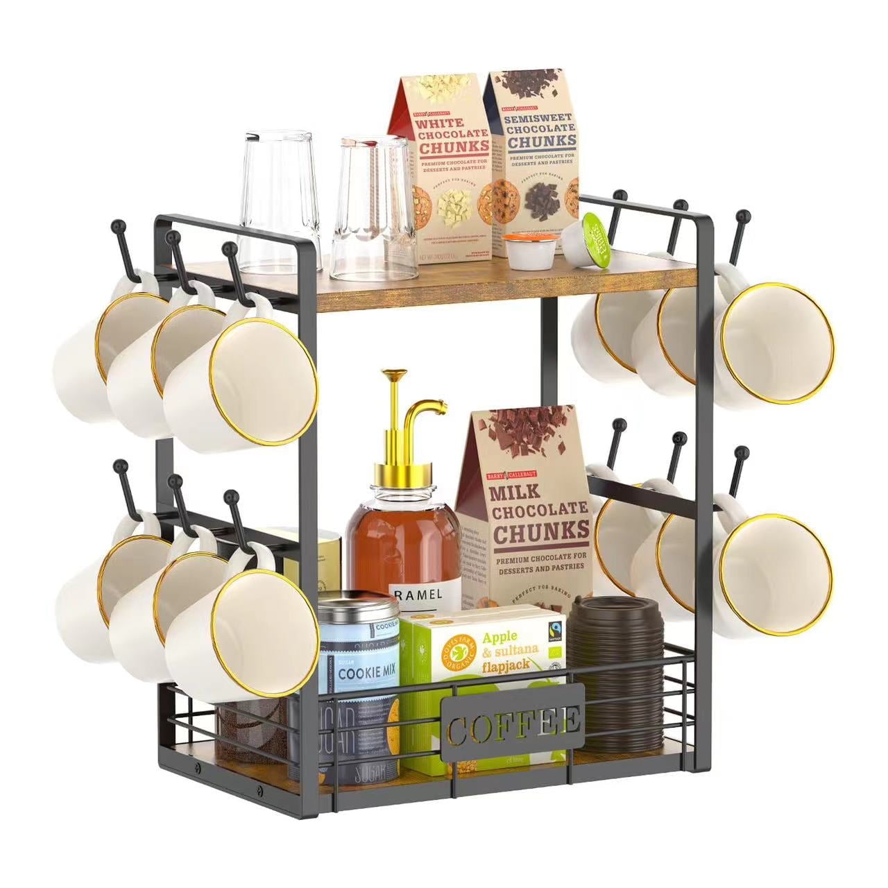 2 Tier Coffee Cup Holder Bar Organizer Countertop Station Shelf for ...