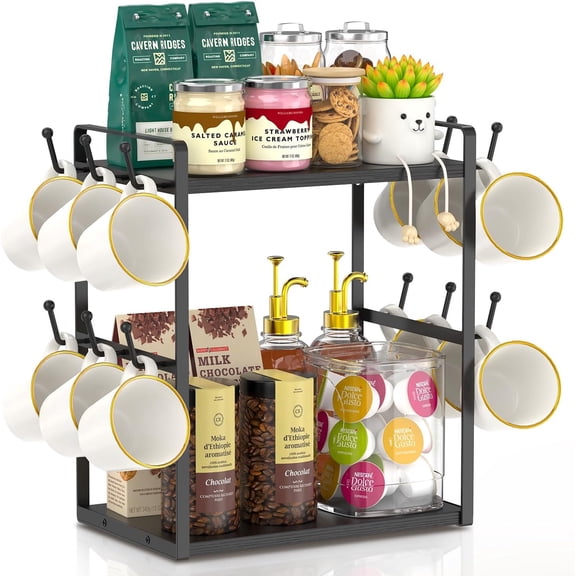 2 Tier Coffee Mug Holder Station Bar Organizer Countertop, Mug Cup Tree Rack for Kitchen Office, Storage Shelf with 12 Hooks, Creat Stylish Coffee Corner, Black