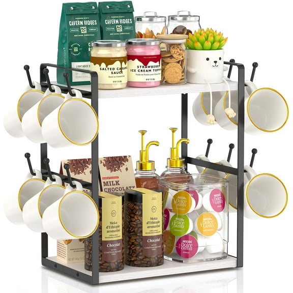 2 Tier Coffee Mug Holder Station Bar Organizer Countertop, Mug Cup Tree Rack for Kitchen Office, Storage Shelf with 12 Hooks, Creat Stylish Coffee Corner, White-Black