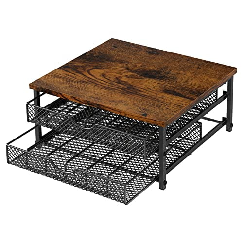2-Tier Coffee Pod Drawer Organizer with Baskets, 72-Capacity K-Cup Storage Holder for Kitchen Countertop, Industrial Style in Brown and Black