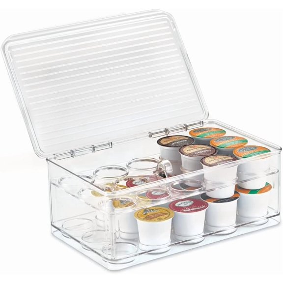 2-Tier Coffee Pod Holder Lidded Bin, Plastic Pantry and Kitchen Storage, The Linus Collection 7.25" x 10.75" x 4.25", Clear