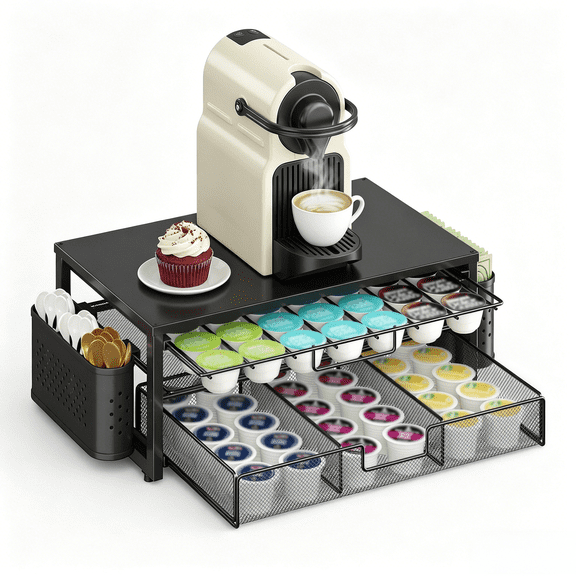2-Tier Coffee Pod Holder Organizer for Keurig K-Cup and Nespresso - Under Coffee Maker Storage Stand with 40LB Capacity, 2 Pull-Out Mesh Drawers, Side Caddies, Holds 60-100 Pods, Black