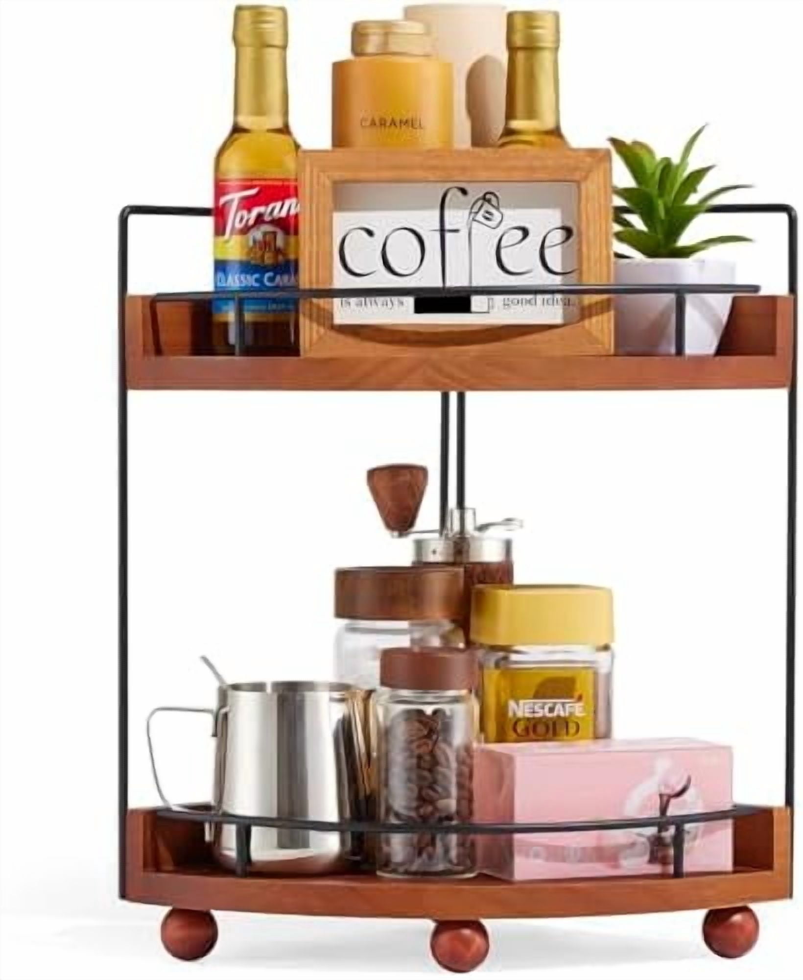 2 Tier Coffee Station Organizer Shelf-Acacia Wood Corner Countertop ...