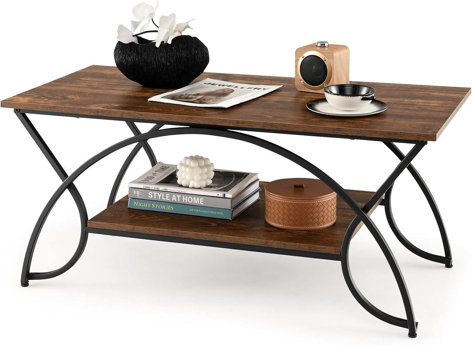 2-Tier Coffee Table, Industrial Wood Accent Table with Storage Shelf ...
