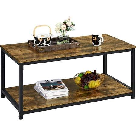 2-Tier Coffee Table, Industrial Wood Coffee Table with Storage Shelf for Living Room, Larger Size & Metal Frame, 39.5Lx20Wx18H Inch, Rustic Brown