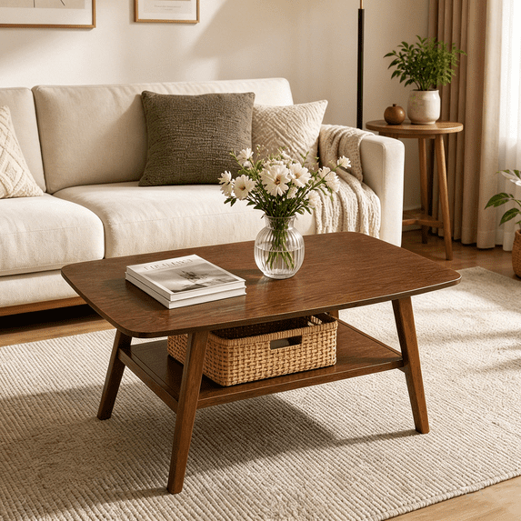 2-Tier Coffee Table for Living Room,19.69''D x 39.37''W x 17.32''H Oak Wood Center Table with Storage Shelf.Easy to Assemble Brown Solid Wood Table Furniture