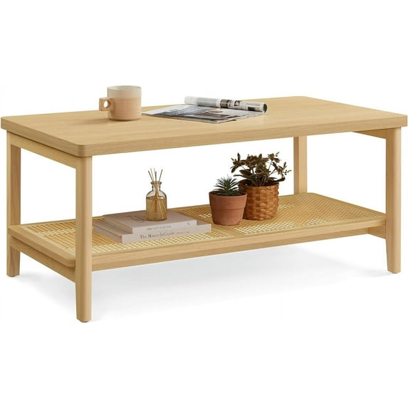 2-Tier Coffee Table for Living Room, Living Room Table Rectangular Center Table, with PVC Rattan Storage Shelf, Rounded Corners, Easy Assembly, Boho Style, Oak Beige ULCT240Y57