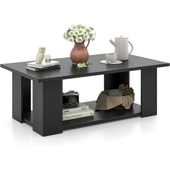 2-Tier Coffee Table, Modern Rectangular Center Cocktail Table with 5 Support Legs, Wooden Accent Living Room Furniture, Small Coffee Table for Small Spaces, Easy Assembly (Black)