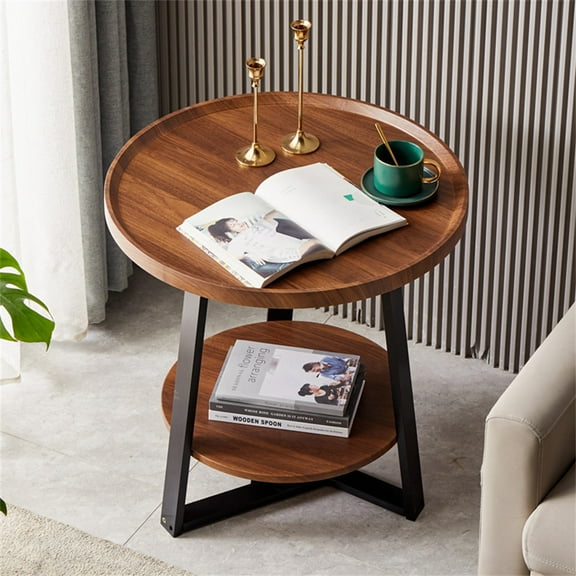 2-Tier Coffee Table, Modern Side Table With Storage Shelf, Circle Coffee Tables,  For Bedroom Living Room Home