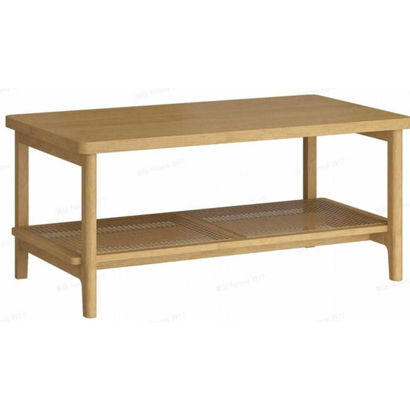 Coffee Table, Rectangular Center Table with Storage Shelf, Oak Beige